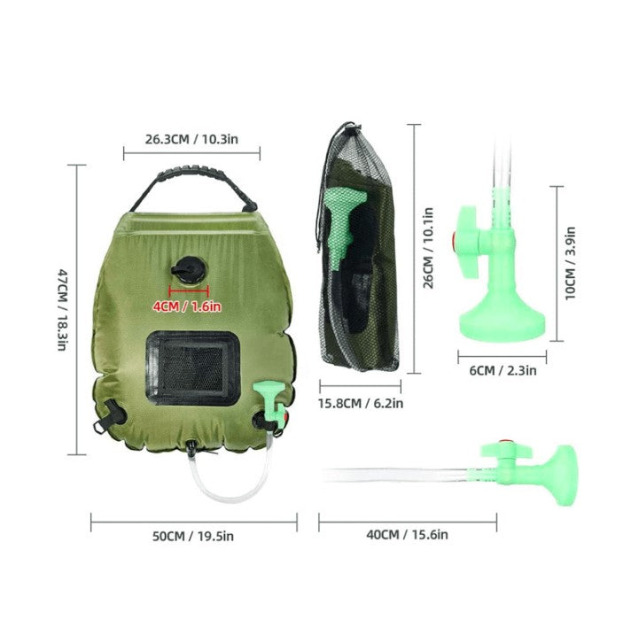 Dimensions des différents composants d'un sac de douche vert