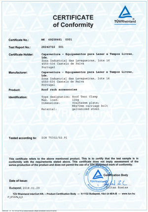 Certificat de conformité de produit James Baroud Grand Raid EVO TEnte de toit