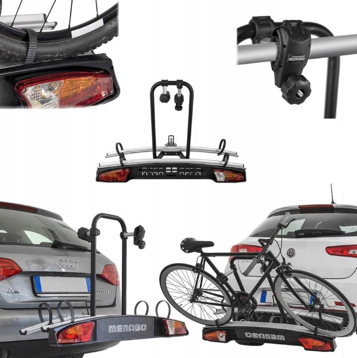 Différentes images d'un porte-vélos Menabo parfois sur un véhicule