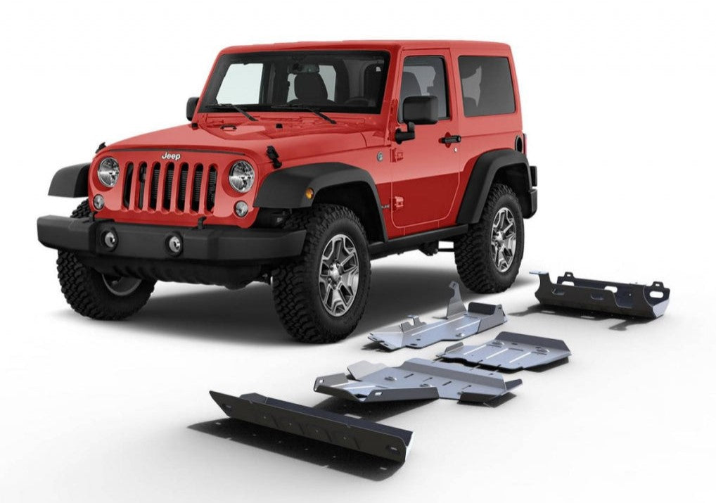 Jeep wrangler rouge avec des blindages positionnés devant