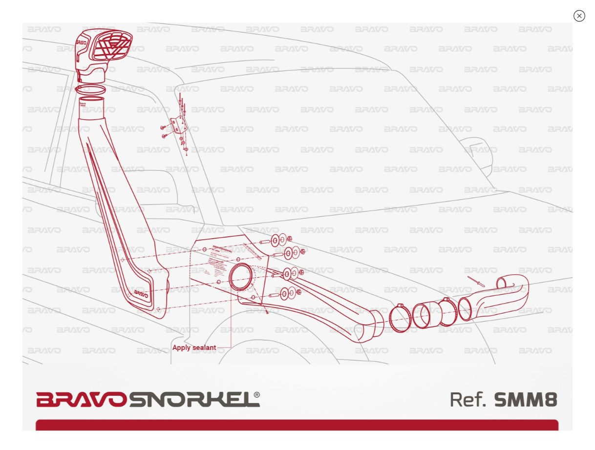 plan de montage d'un snorkel bravo sur un Mitsubishi Pajero