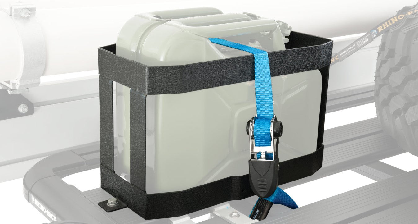 Support Jerrycan noir avec jerrycan tenu par une sangle bleue