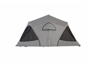 tente de toit grise vue de côté avec des moustiquaires