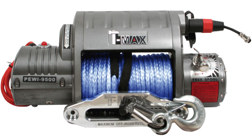 treuil t-max gris avec corde synthétique bleu et crochet gris