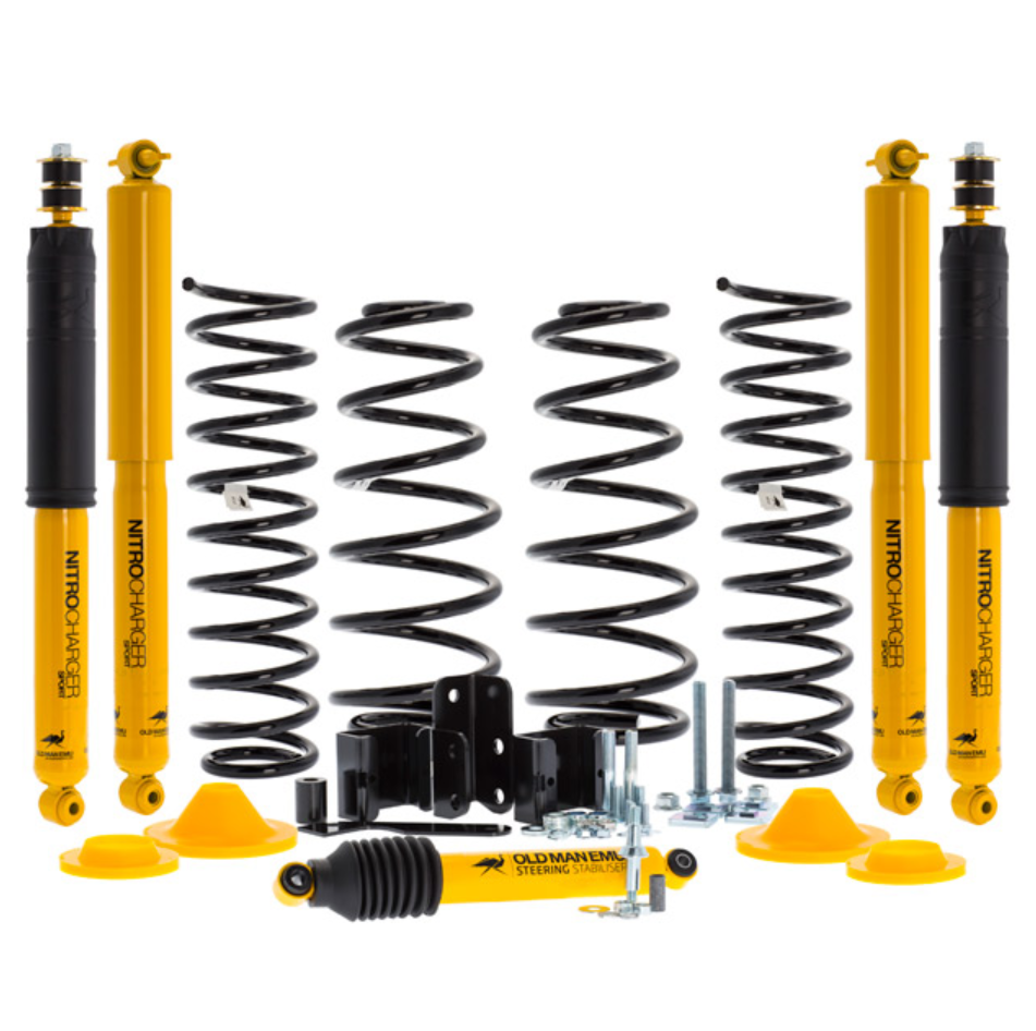 kit suspension jaune et noir avec des amortisseurs et ressorts