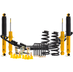 kit suspension jaune composé d'amortisseurs, ressorts, lames ainsi que jumelles et brides