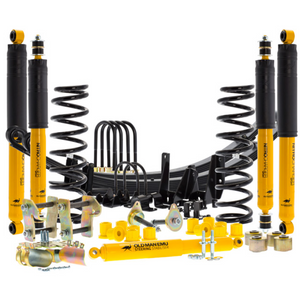 vue détaillée d'un kit suspension ome jaune et noir composé principalement de ressorts