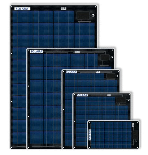 5 panneaux solaire de la marque Solara présentés sur fond blanc