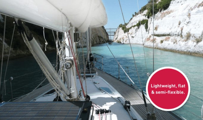 Vue avant d'un bateau dans un bras de mer avec panneau solaire