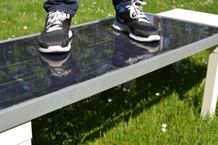 Panneau solaire avec une personne dessus dans l'herbe