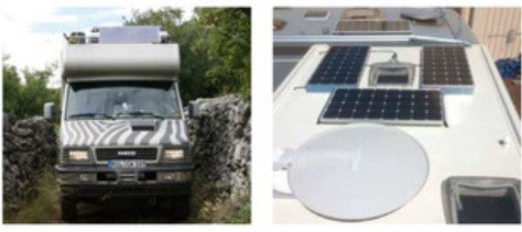 Vue d'une caravane avant et dessus avec des panneaux solaires