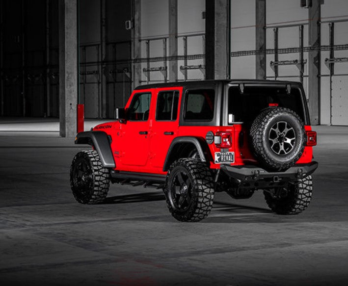 vue latérale d'une jeep wrangler JL rouge et noire