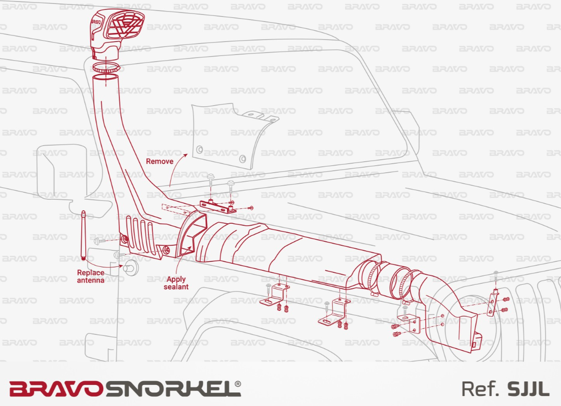 plan de montage d'un snorkel rouge sur une jeep SJJL de marque bravo