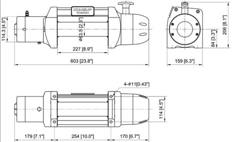 trois plans d'un treuil avec toutes les dimensions