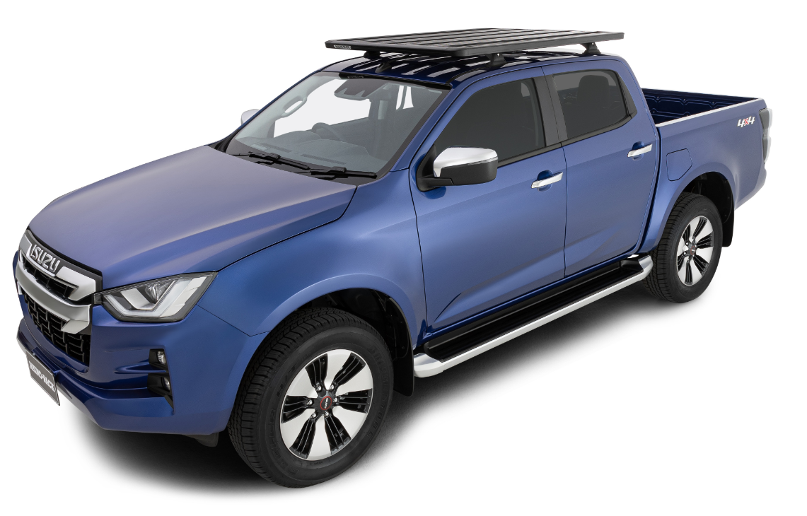 Isuzu D-Max bleu avec des marche pieds et une galerie de toit